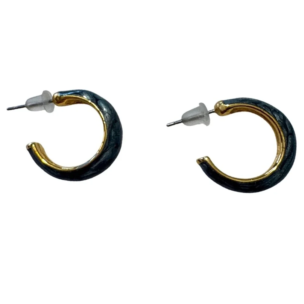 1990s Blue Marbled Enamel Gold Tone C-Hoop Earrings Post Back 0.75‎ Inch